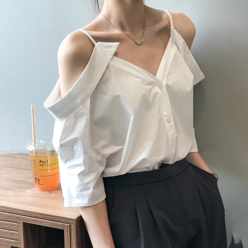 

SHENGPALAE sexy camisole blouse women's summer 2021 new slash neck loose single breasted short sleeve shirt female tide 5C862