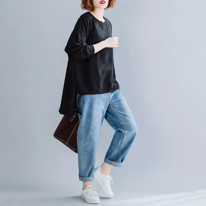 DIMANAF Autumn Winter Plus Size Women T-Shirt Basic Tunic Tops Shirts Cotton Long Sleeve Loose Casual Female Clothes Solid Black