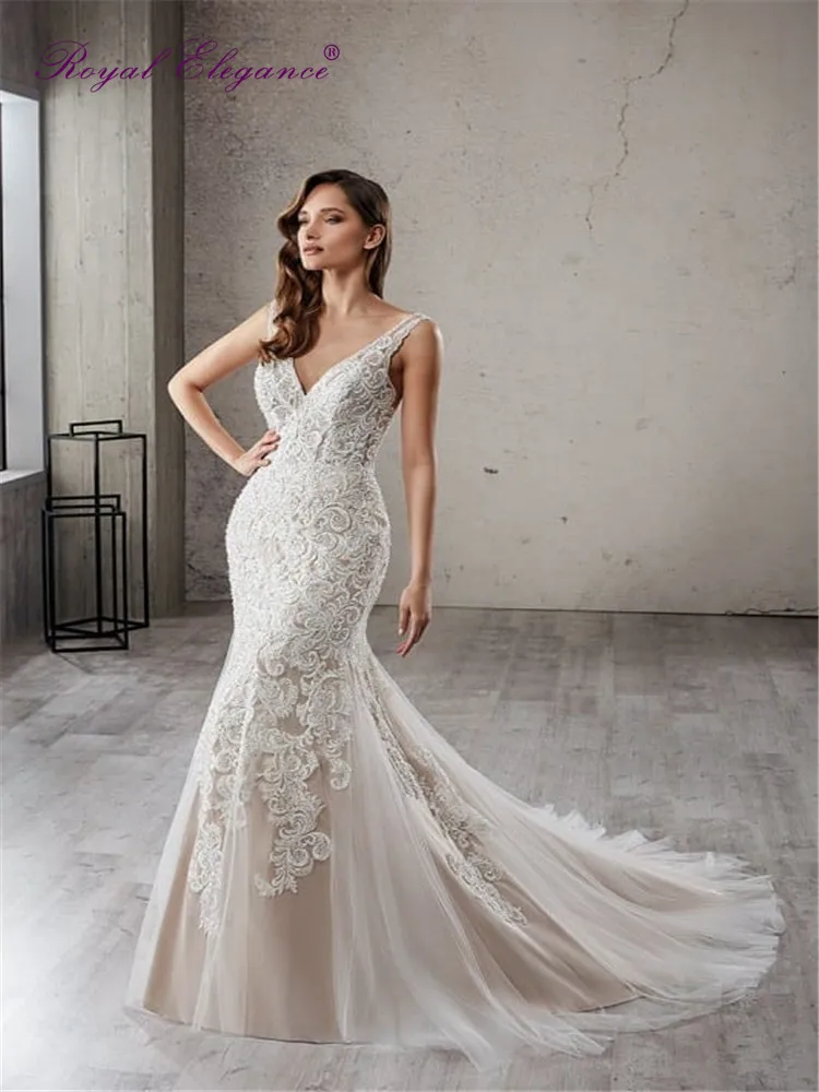 Королевская элегантность Иллюзия сзади Русалка Шампанское ремни Свадебные