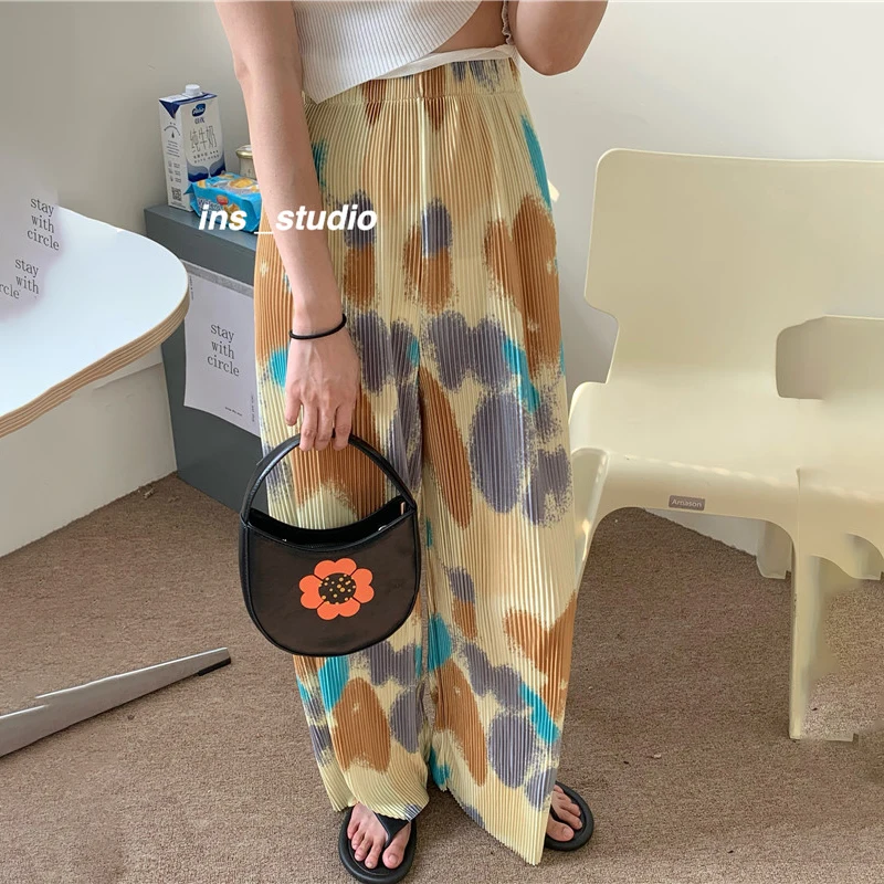 

2021 Women Summer Tie Dye Loose Long Wide Leg Pants Elastic High Waist Straight Casual thin Pleated Trousers Dropshipping