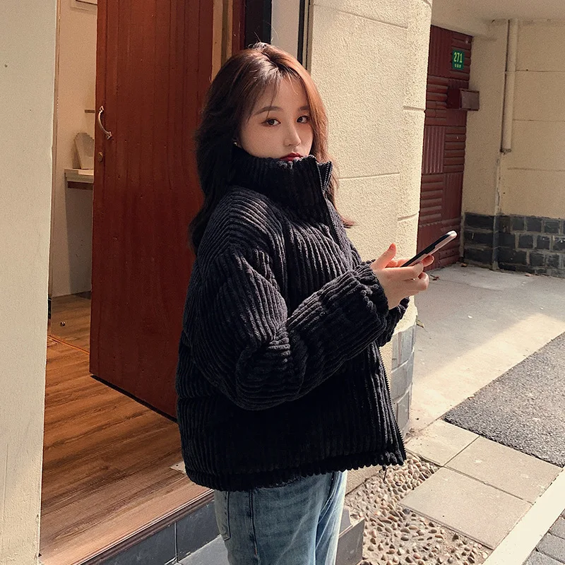 Zipper Loose Corduroy Padded Jacket Casual Simple Solid Stand Collar Coat Women Long Sleeve Thicken Jacket Winter New Fashion