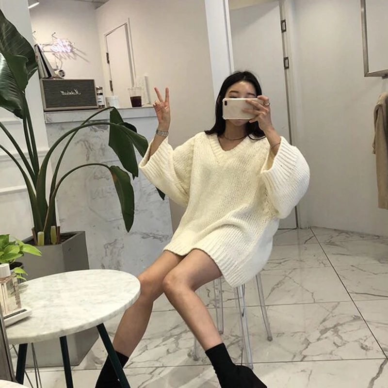 GALCAUR/вязаный белый Повседневный женский свитер с v-образным вырезом и длинными