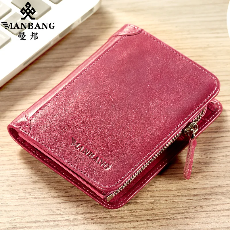 

ManBang Brand Women's Wallet Original Genuine Leather First Layer Cowhide Mini Fresh Card Holder Zipper Coin Fashion Purse