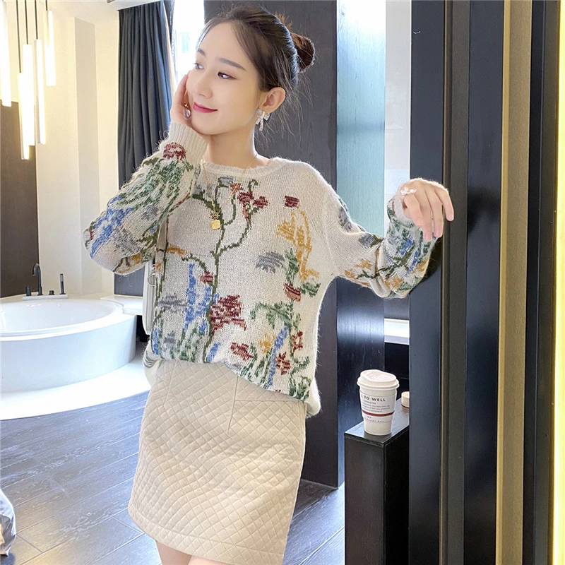 

Runway Casual Flower Embroidery Knitted Sweater Pullovers Women Mohair Thin Autumn See-Through Jumper Ladies Winter Pull Femme