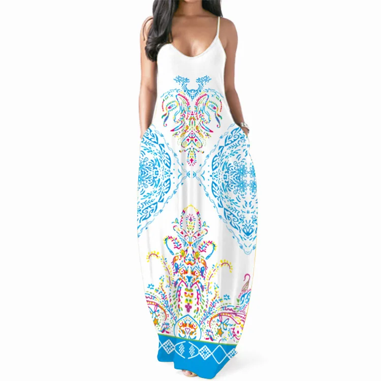 

2021 cross-border source wish Europe and the United States new women digital print sexy V-neck long skirt sling dress