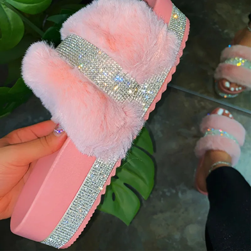 

Women Fur Slippers Summer Furry Slides Female Fluffy Indoor Shoes Women's Bling fuzzy Slide House Sliders wholesale Dropshipping