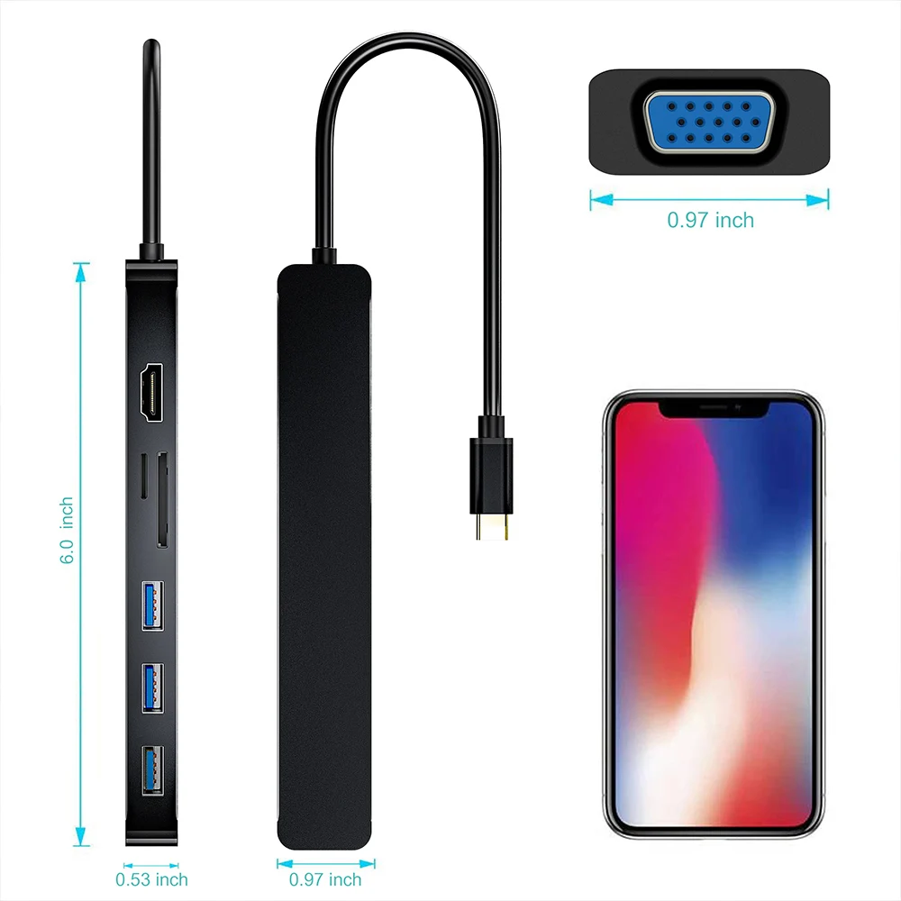 

7 in 1 Type C HUB USB C to VGA/HDMI-Compatible 3 USB 3.0 Ports SD//TF Card Reader USB C Adapter for MacBook