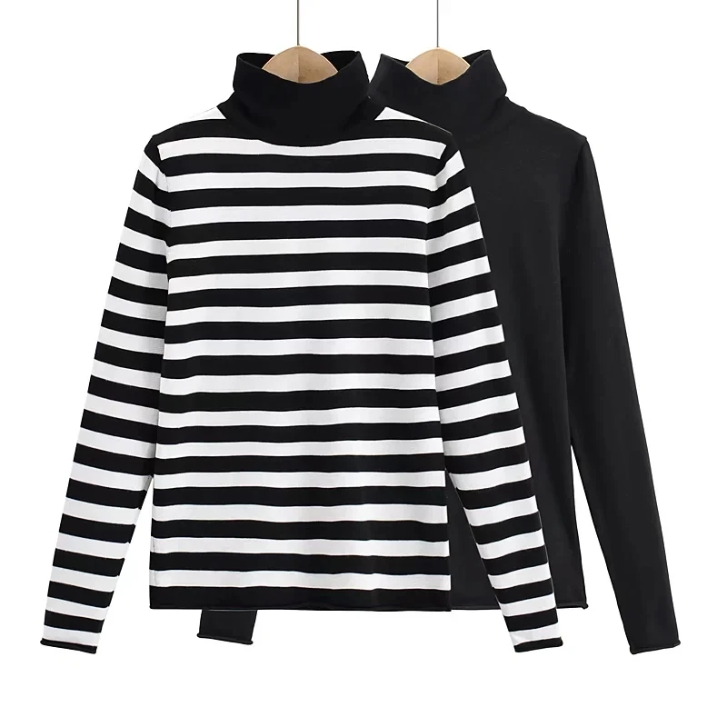 

Women New Vintage Knit Stripe Sweater Hight Collar Long Sleeves Simple Style Female Casual Knitted Bottomed Shirt Chic Tops
