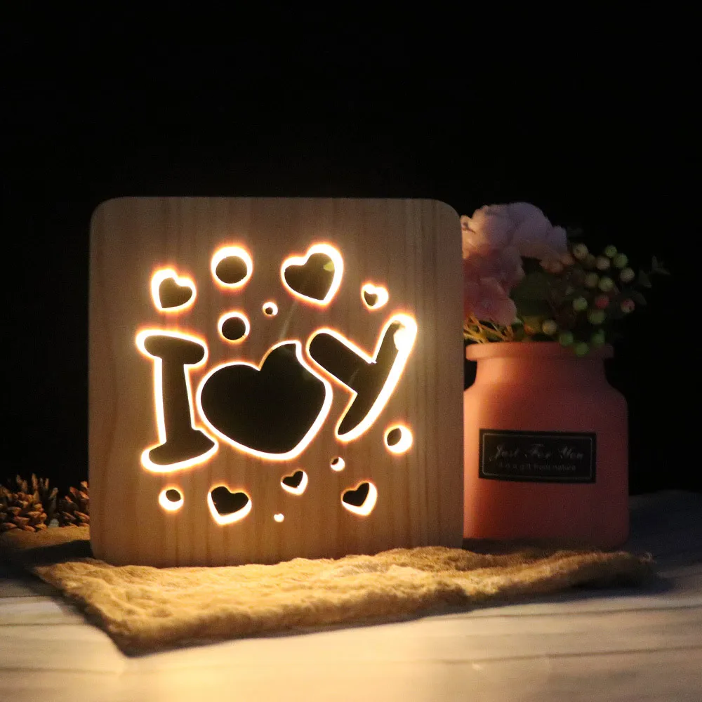I LOVE U Креативный USB деревянный ночной Светильник, Кошачий коготь, роза, резной деревянный светодиодный настольный светильник, Свадебная вечеринка, украшение для дома, подарки на Рождество, день рождения - Испускаемый цвет: I LOVE U
