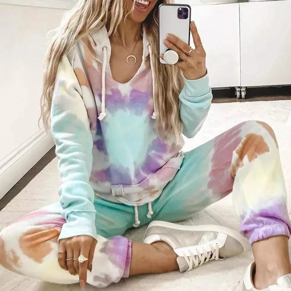 

2020 Autumn and Winter Tie-dye Women Causal Pajama Set Two Pieces Long Sleeve Hoodie Trouser Suit Fashion Women Sleepwear Sets