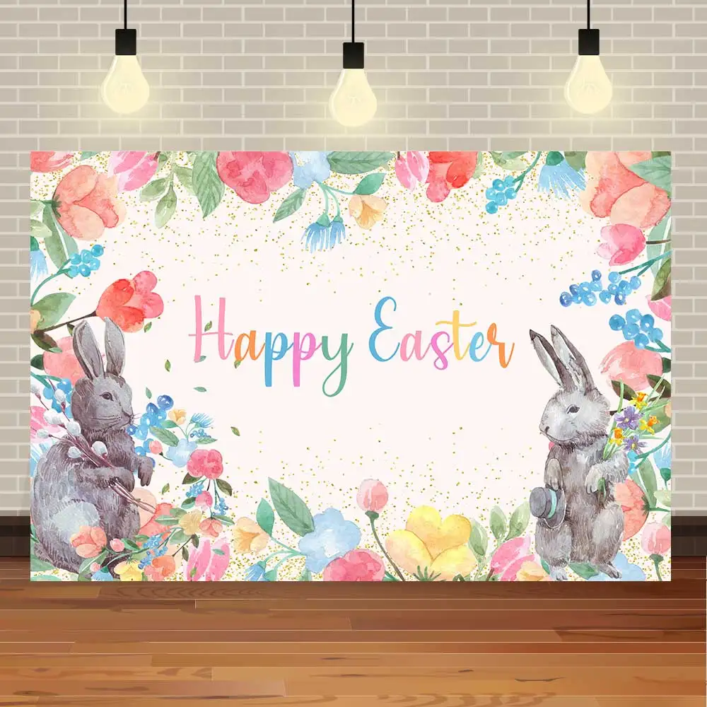 

Фон для фотосъемки в стиле Счастливой Пасхи с цветами, кроликами, яйцами, вечерние
