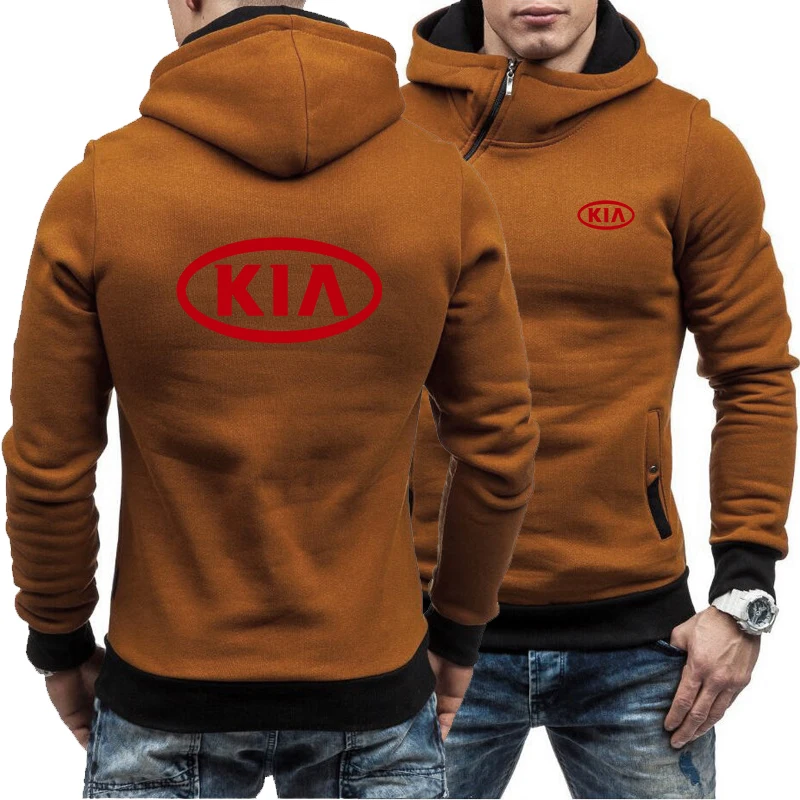 

2021 Spring and autumn new men's KIA car logo tide brand printed hoodie casual sports sweater pocket zipper pullover hoodie