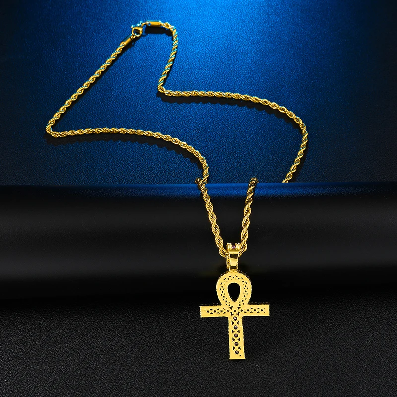 Hip Hop Ankh Copper Cross Pendant Necklace Micro Pave CZ Stones Egyptian Style Prayer &amp Pendants For Men Women Party | Украшения и