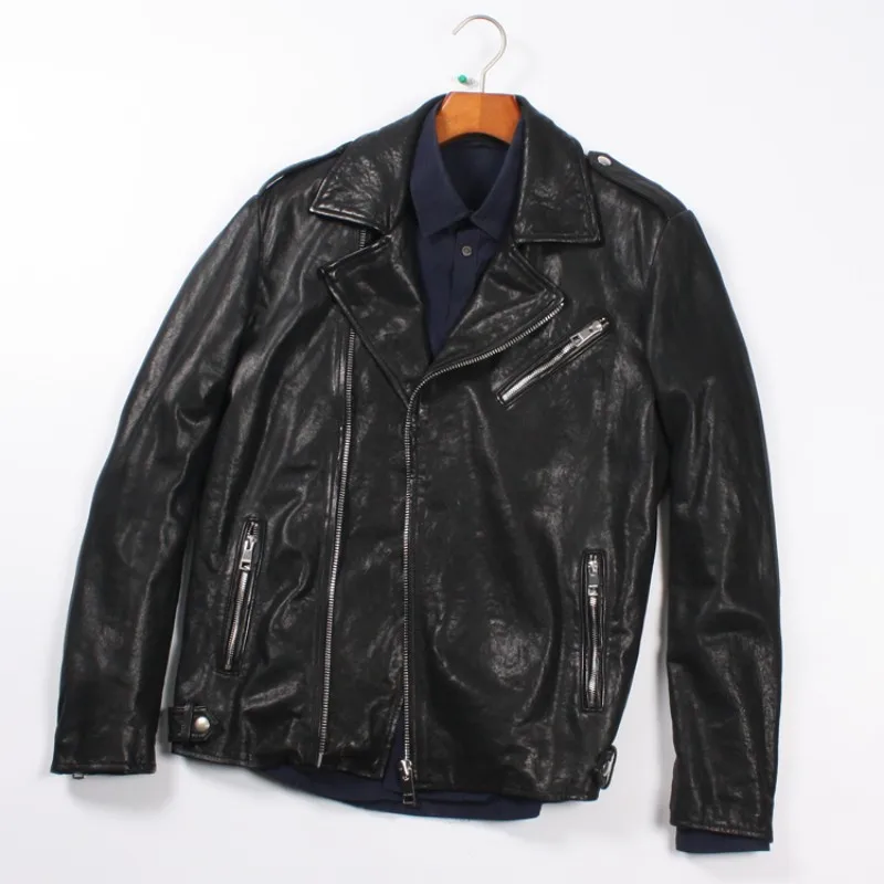 

Mens Sheepskin Classic Real Leather Jacket Autumn Motorcycle Biker Genuine Leather Jacket Man Zipper Lapel Collar Outerwear Coat