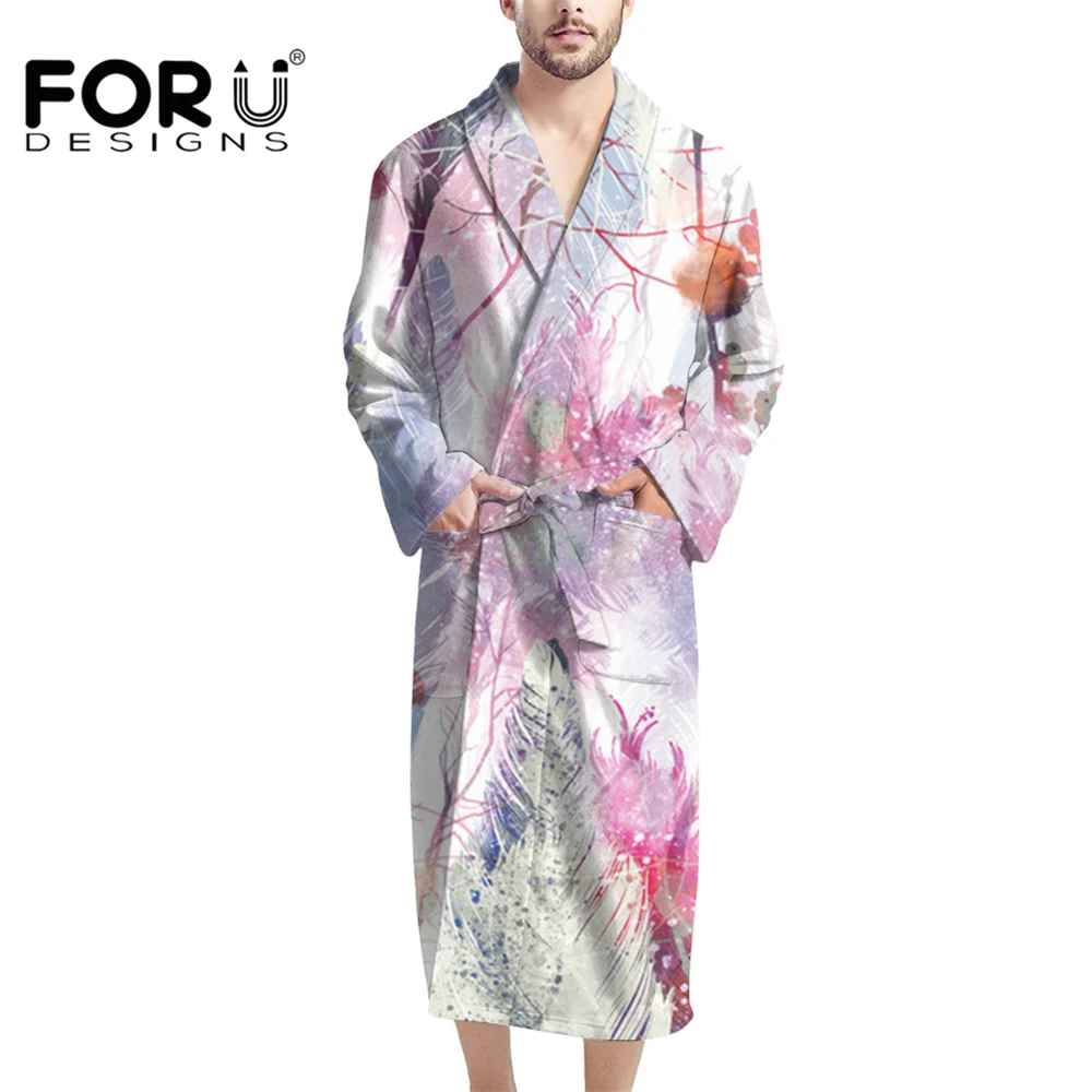 

FORUDESIGNS Bohemian Feather Men's Kimono Robe Lightweight Lower Legs Length Sleepwear V-neck Shawl Collar Bathrobe Pajama