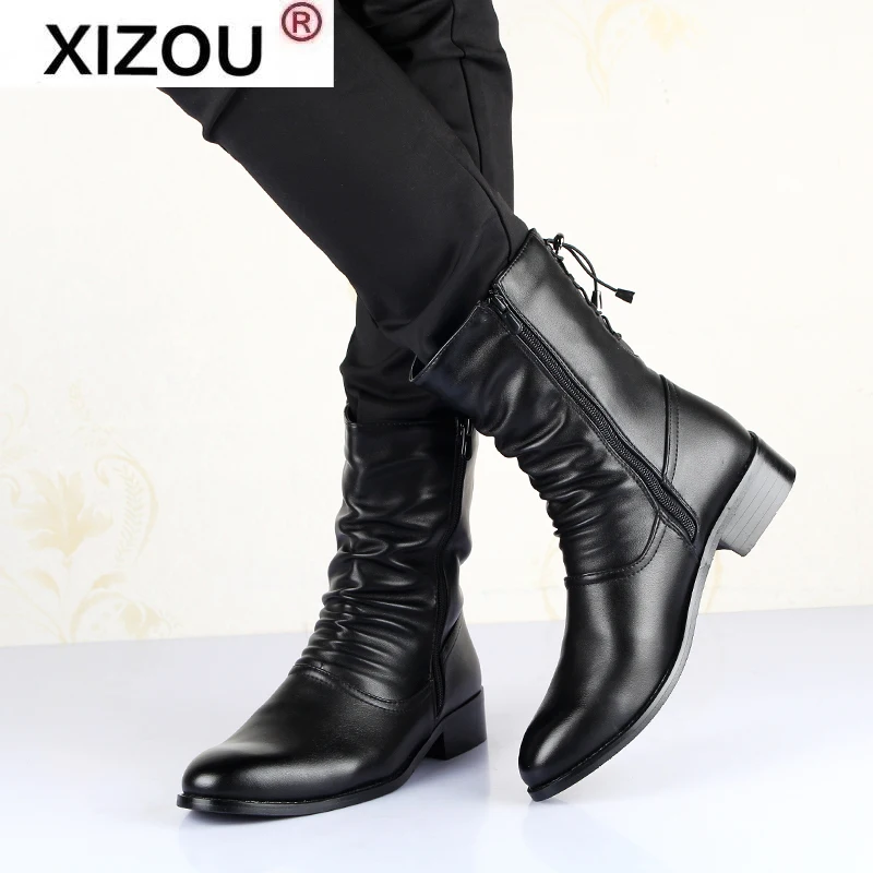 

XIZOU 2021 NEW Fashionable Winter Pointed Toe Mens Mid-calf Boots Increased To Leather Men's Boots Long Tube Mens Winter Boots