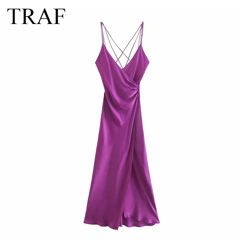 

TRAF Women's Clothing Dress Za Summer Fashion Sexy Split Party Dresses Sleeveless Elegant Purple Spaghetti Strap Dress Woman