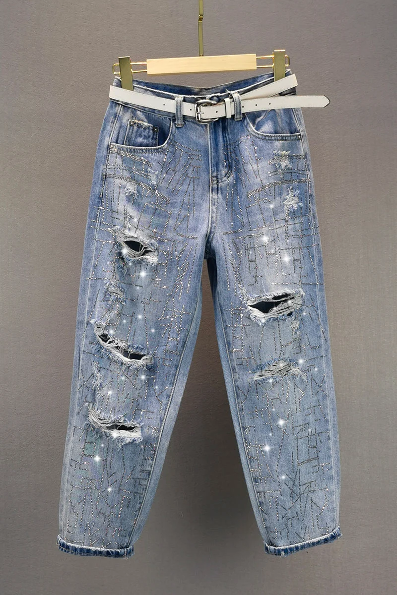 

Women Diamond Holed Jeans for Women 2021 Spring Summer New High Waist Denim Pants Slimming Loose Jeans for Women