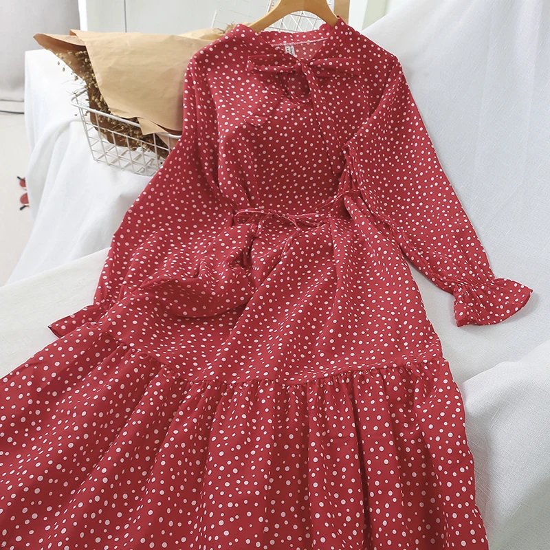 Весеннее женское винтажное ТРАПЕЦИЕВИДНОЕ платье в горошек с высокой талией