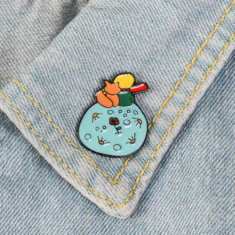 Prince Fox Rose Enamel pin Custom Brooch Bag Clothes Lapel Pin B-612 Planet Badge Animal Jewelry Gift for Kids Friends