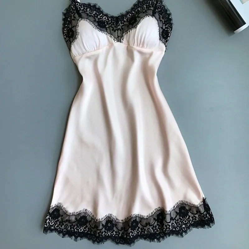 Women Nightdress Sexy Mini Dress Sleepwear Lingerie Sling Lace Nightgowns Summer Autumn V-Neck Chest Pad Babydoll | Женская одежда
