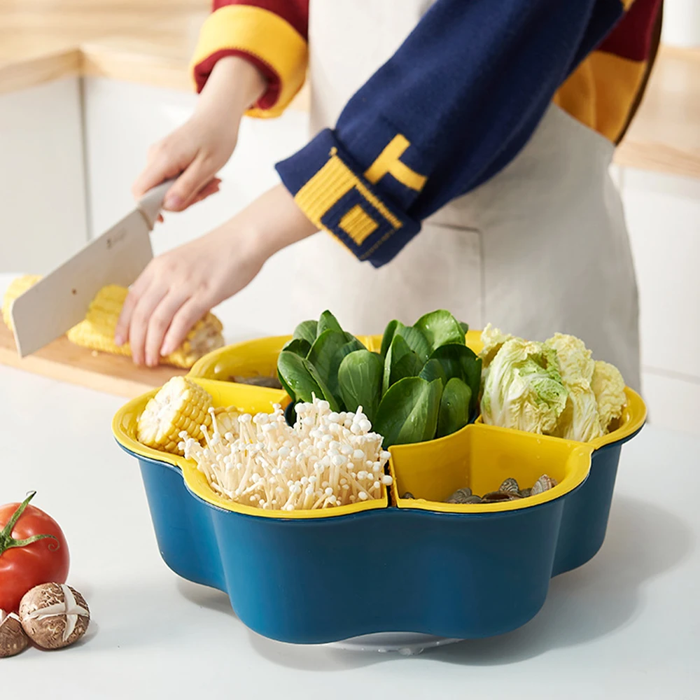 

Double Layer Hot Pot Rotating Plate Fruit Vegetable Drainer Organizer Candy Tray Double Food Storage Box Dried Fruit Plate