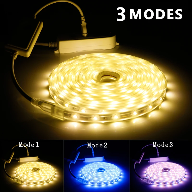 

220V LED Strip With EU Plug 5730SMD Three-Color Warm White+Blue+Purple Light Outdoor Waterproof Flexible Strip Color Light