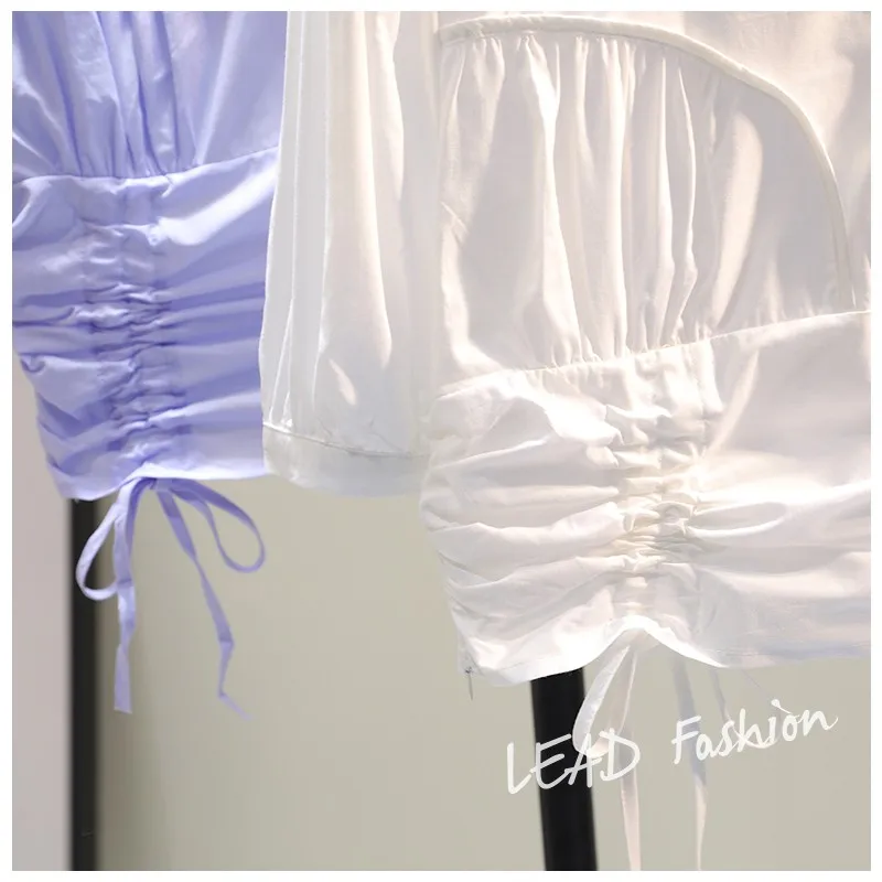 

2021 Summer Drawstring Navel Cotton Linen Ladies Blouse New Fresh Pleated Short Sleeves Women Shirt Fashion Solid Pullover Top