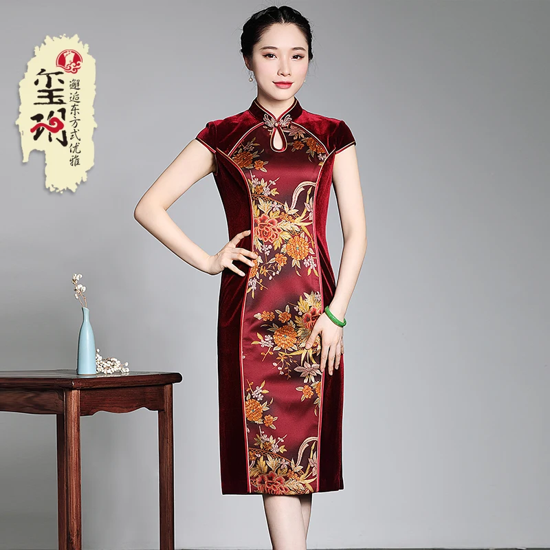 

Velvet long qipao in summer of 2021 the new improved fashion splicing ms Chinese wind restoring ancient ways dress