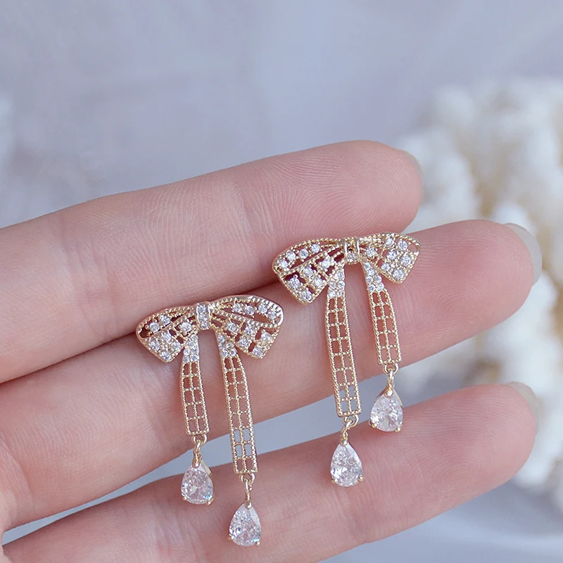 

Ins Hot 14k Real Gold Jewelry Bow-knot Earrings for Women Top High Quality AAA Shiny Zirconia S925 Silver Needle Party Fine Gift