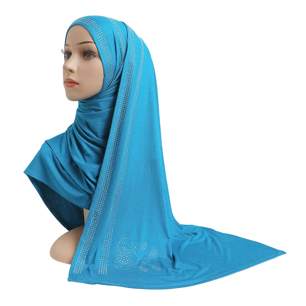 

H200a fashion modal elastic jersey cotton long scarf with rhinestones islam hijab womens headwrap rectangular shawl