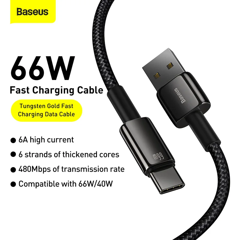 Baseus 6A Fast Charging USB Type C Cable For Huawei Mate 40 P40 Samsung 66W 5A SCP FCP USB C Quick Charge Data Cord For Xiaomi