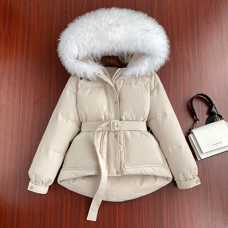 Fitaylor Winter Large Natural Real Fur Collar Hooded Feather Jacket Women Slim Warm Down Coat Thickening Short Outwear with Belt | Женская