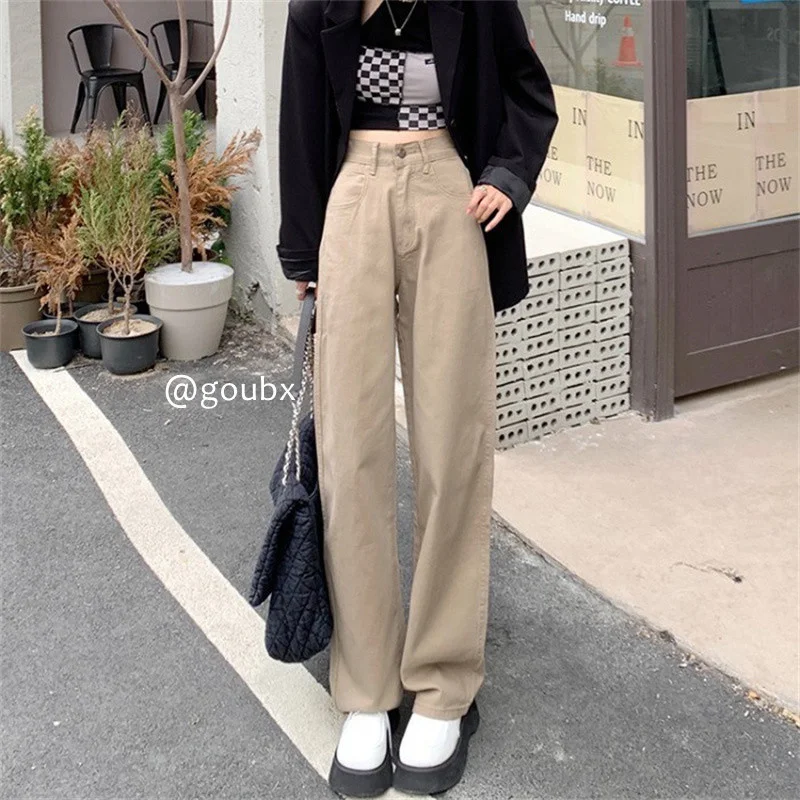 

Осень 2021 Новинка хаки потертые прямые джинсы женские ретро с высокой талией стройнящие свободные брюки для швабры