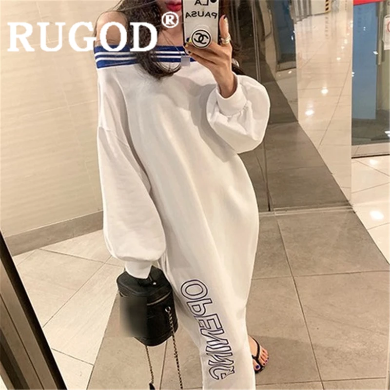 RUGOD женское белое платье свитер с вырезом лодочкой рукавом фонариком и буквенным