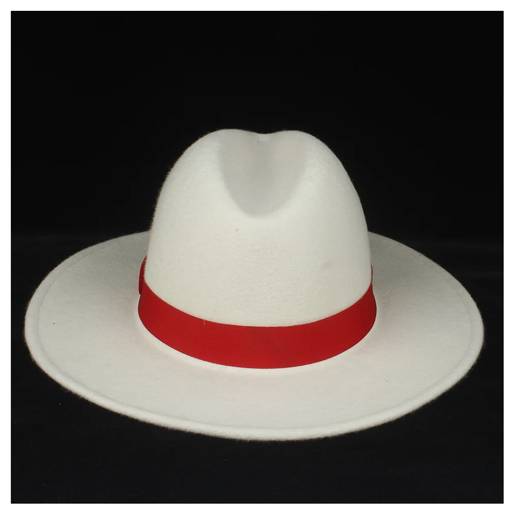 100% шерсть Подлинная женская белая шляпа-федора с красной лентой элегантные