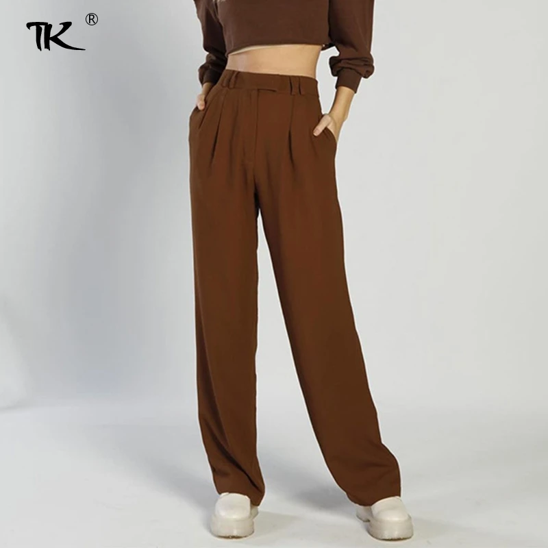

Womens Brown High Waist Wide Leg Pants Solid Straight Drapped Trousers Loose Office Ladies Streetwear Casual Summer Fashion 2021