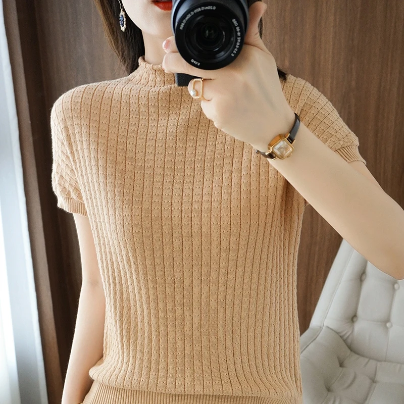 

Pure Cotton Short-sleeved Summer New Style Ladies Half-high Neck Pullover Sweater Fashion Styling Slim T-shirt Plus Size Top