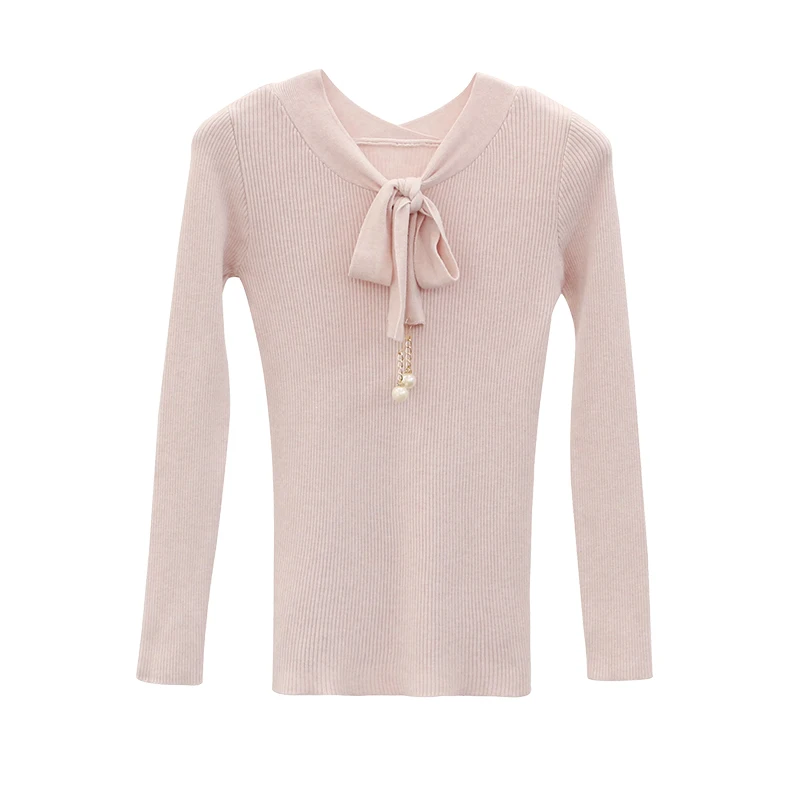 

Autumn 2020 women's tight bottoming sweater women's slim, long sleeve sweater V-neck bow tie top short fashion