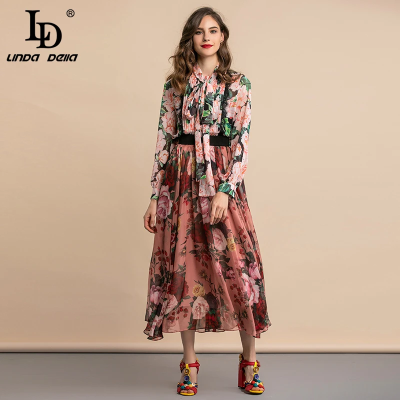 LD LINDA DELLA Autumn Fashion Elegant Blouses Women's Bow Collar Pleated Lace Floral Print Vintage Shirt Holiday Casual Tops