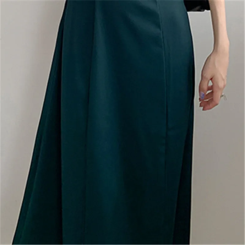 

2021 New Puff Sleeve Square Neck Green Small Fresh Sweet Temperament High Waist Thin A-line One-piece Long Skirt Female Summer