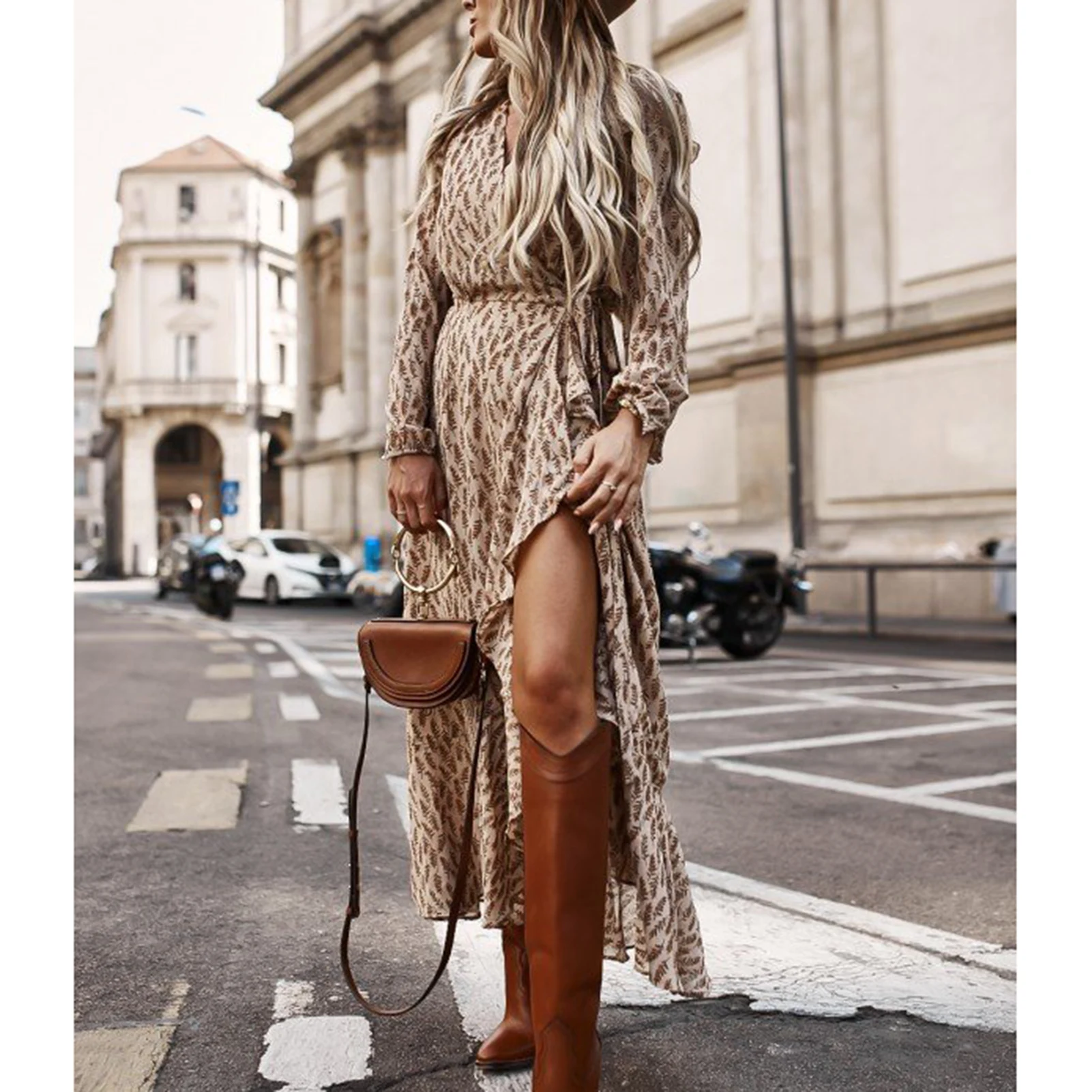 

Fashion Dresses Women Spring Autumn Long Sleeve V Neck Ruffle Hem Split Leaves Print Maxi Dress Ladies Elegant Party Long Dress