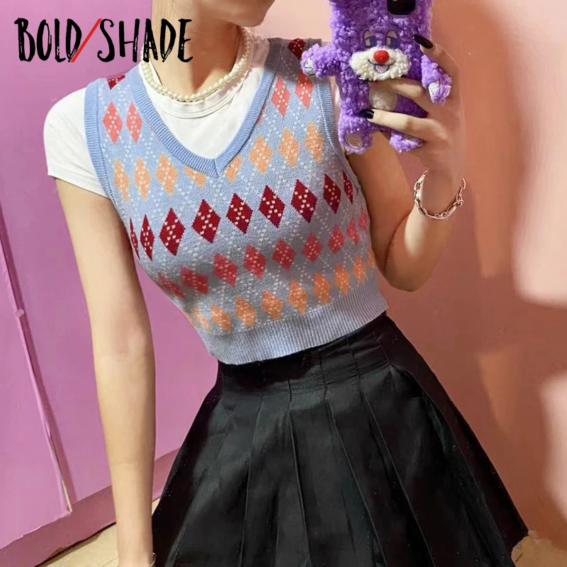 

Bold Shade E-girl Preppy Style Argyle Sweater Vest V-Neck Patchwork Knitted Harajuku Crop Tops Indie 90s Aesthetic Jumper 2021