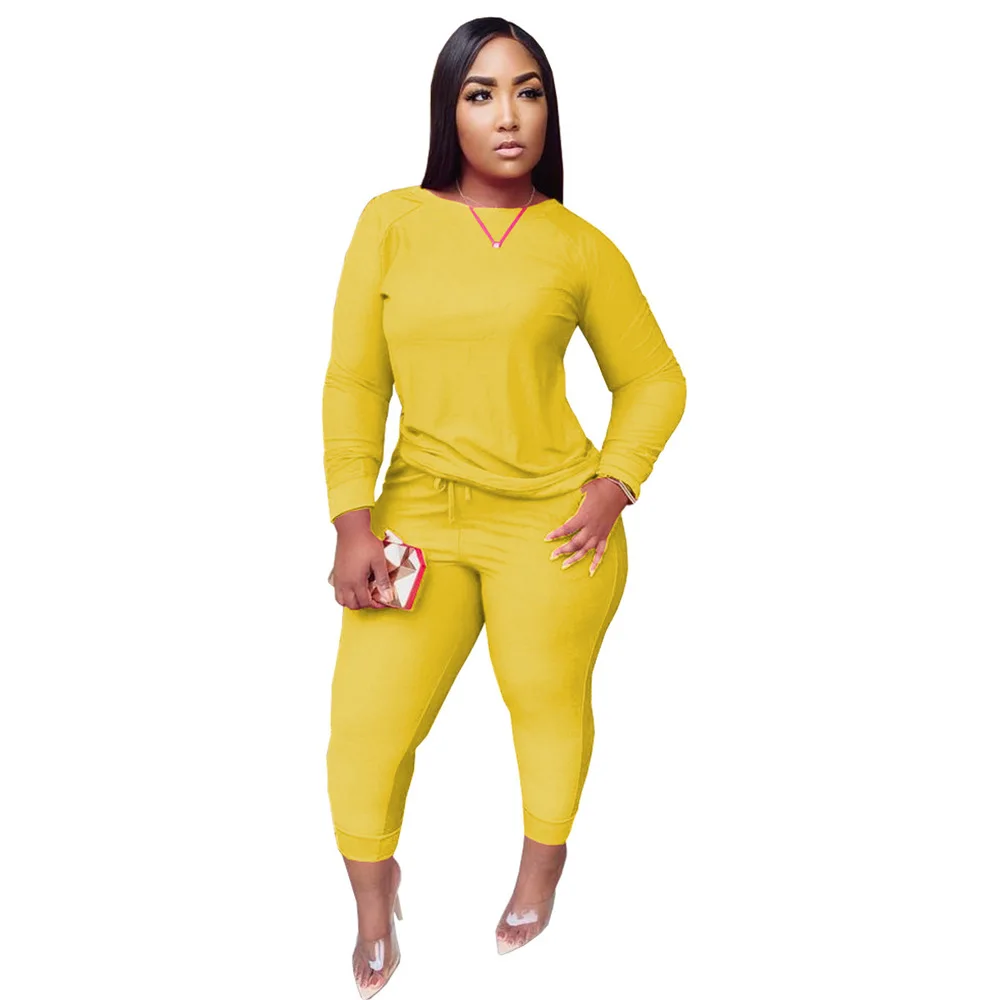 

2021New Autumn Winter Knitted Suit Women's Clothing O Neck Long Sleeve Pullover and Drawstring Skinny Pant 2 Piece Matching Sets