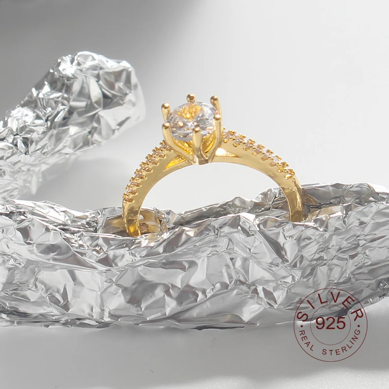 

925 Sterling Silver New Simple Zircon Gold Color Rings Interware Opening Handmade Ring Fashion Fine Jewelry