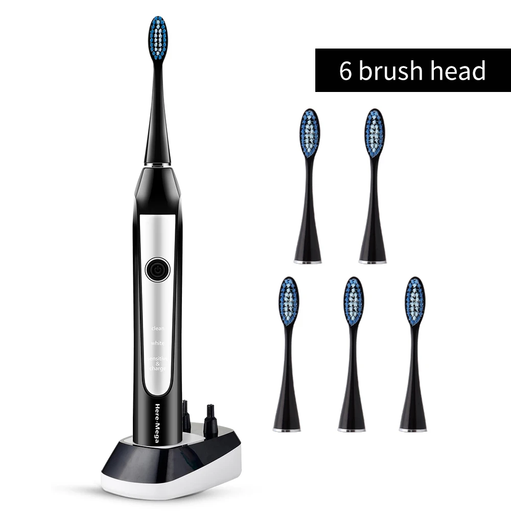 606 Black 6 Head Здесь Мега звуковая электрическая зубная щетка Ультра звуковая Автоматическая перезаряжаемая взрослая зубная щетка Сменные отбеливающие водонепроницаемые головки - Цвет: 606 Black 6 Head