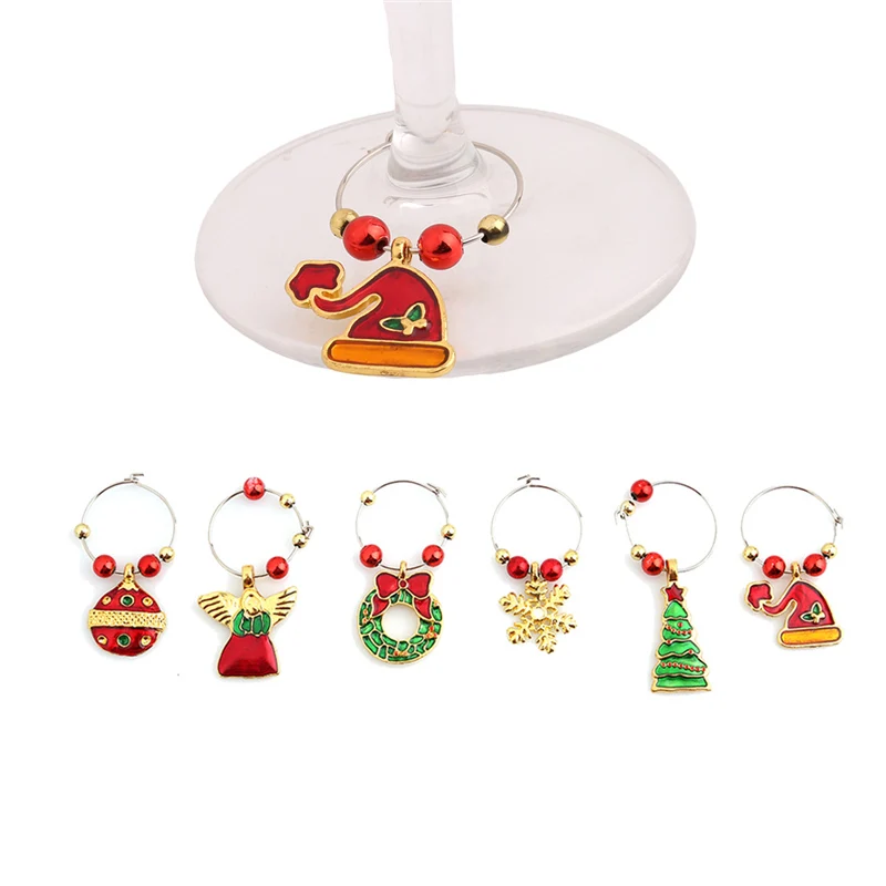 

1Set Christmas Wine Glass Decor Charms Party New Year Cup Metal Ring Decor Table Decorations Xmas Pendants