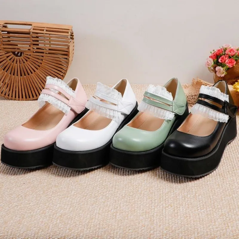 

Round Head Mary Shoes Women's Single Lolita Lace Small Leather Student