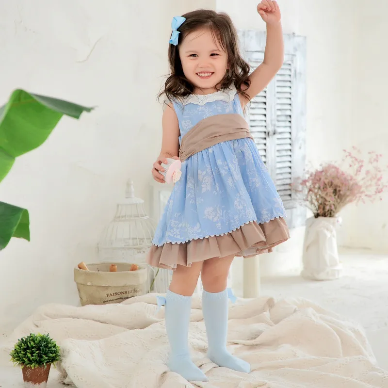 

2021Summer Spainish Baby Girls Dress Blue Print Cotton High Quality Dress Girls Sweet Fashion Princess Dress Toddler Girl Dress