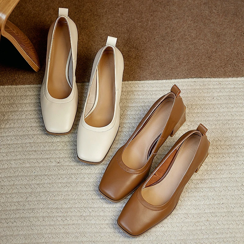 

Shallow Square Toe Shoes for Women Square Heel 2021 Autumn Newest High Heels Sandals Leather Women Wedding Party Shoes Woman